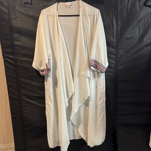 LuLaRoe Sarah- White Cardigan Duster with Patterned Sleeves
